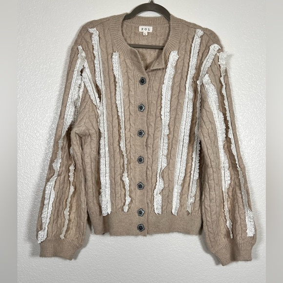 POL Sweaters - POL tan cable knit cardigan with white lace, size large